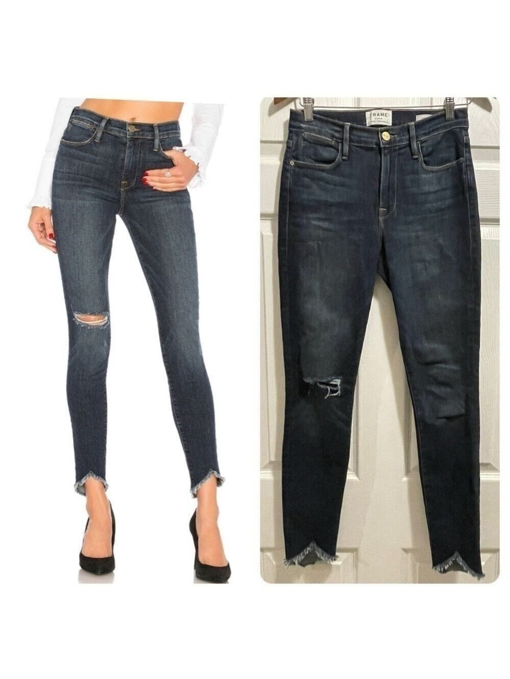 Frame Le High Skinny in Blue Heren Wash Frayed Hem Size 27